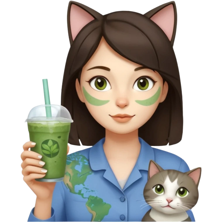 a brunette woman in here 30S drinking an iced matcha, carrying a grey cat and a map of the world emoji