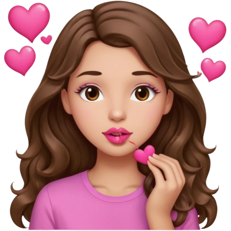 girl with long wavy brown hair, brown eyes, light to medium complexion, in a pink shirt, pink lips, long lashes, puckering up for a kiss, kiss lips and hearts emoji