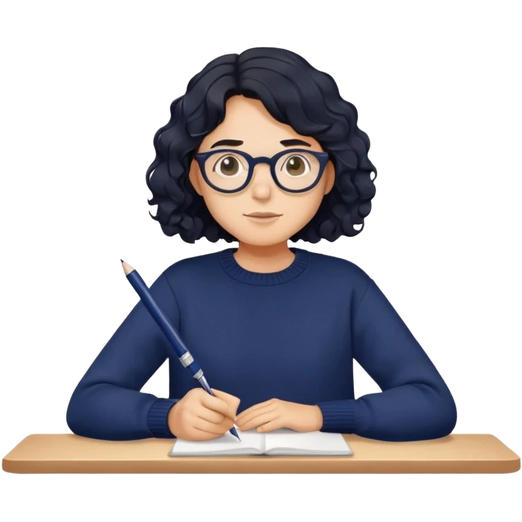 Reliable-looking designer with wavy black hair, round glasses, navy blue sweater, organized, holding pen with competent expression emoji