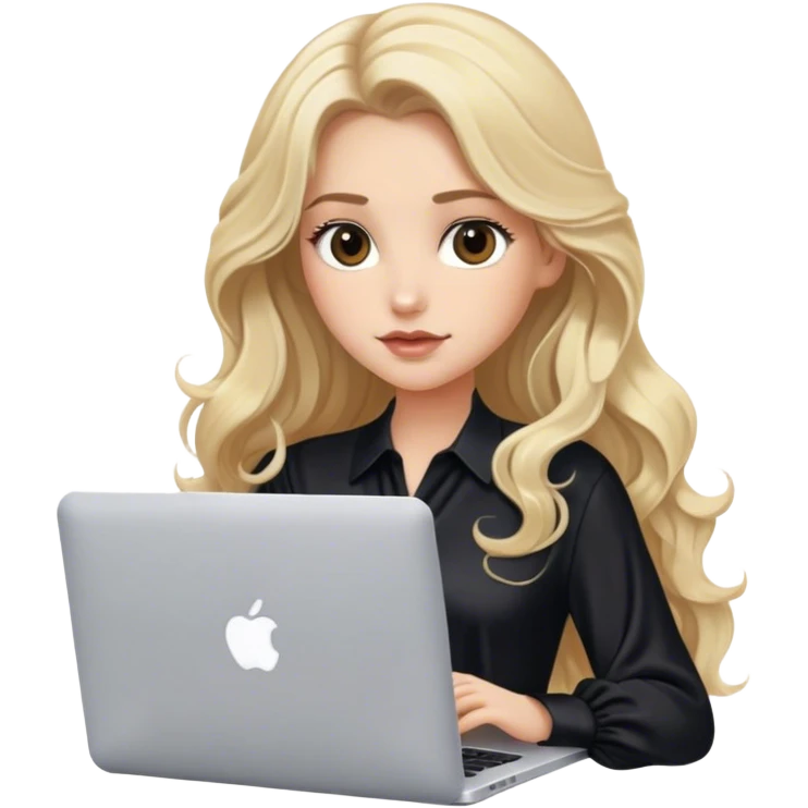 Blonde model with brown eyes, long wavy hair, black silky blouse, typing on MacBook  emoji