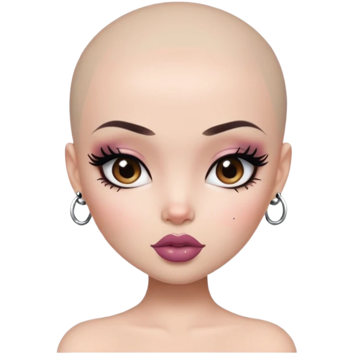 bald, pretty lips, pale tattoed skin,  dark brown eyes, pretty bratz baddie, black eyeliner emoji