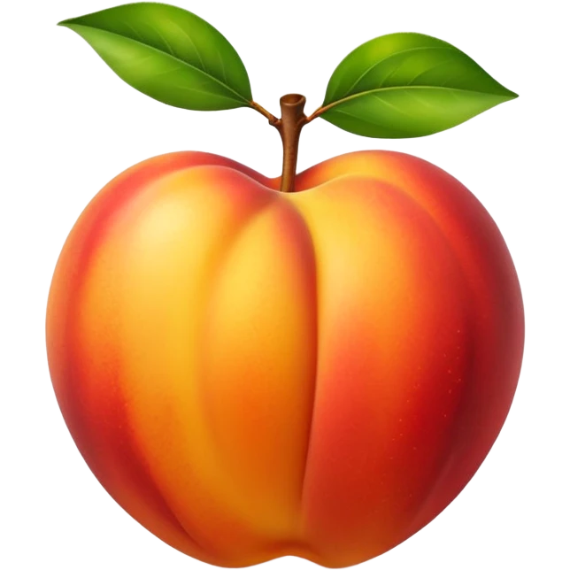 whole nectarine, ripe, smooth glossy skin, red, orange, golden yellow gradients, round, slightly heart-shaped, no fuzz, natural highlight, optional green leaf at stem, subtle mottling, no blemishes, 3D, clean, minimal, soft shadows, transparent background, emoji scale emoji
