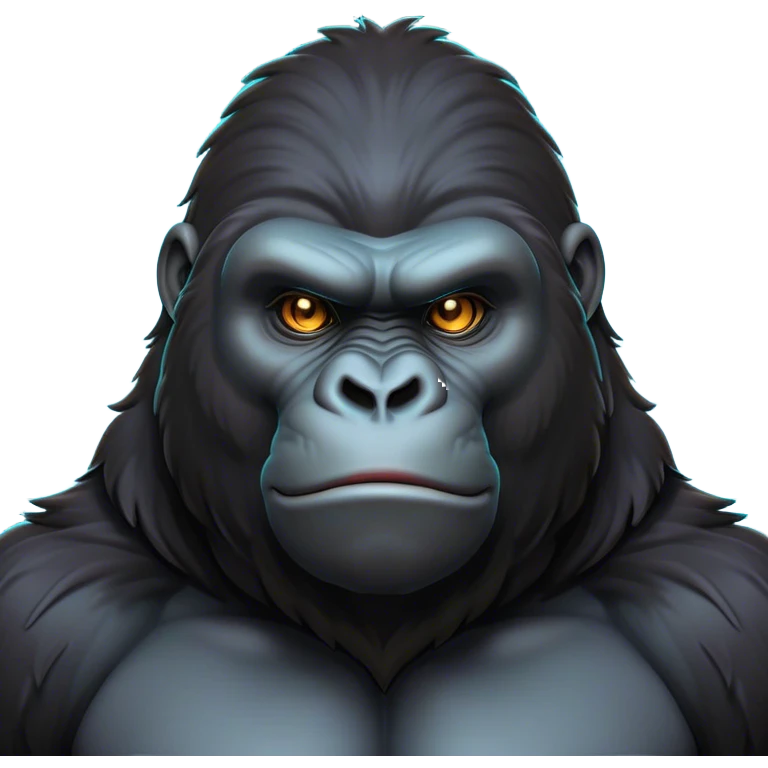 Cinematic Noble Gorilla Portrait Emoji, Poised and commanding, with a massive, muscular build cloaked in dense, rich fur and deep, soulful eyes, Simplified yet sharp and sophisticated features, highly detailed, glowing with a soft, dignified jungle glow, high shine, intelligent and formidable, stylized with an air of primate majesty, focused and authoritative, soft glowing outline, capturing the essence of a watchful guardian that feels as though it could step out of the screen with effortless authority! emoji