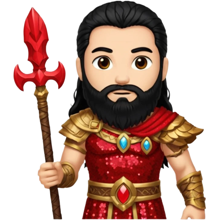 Mars, God of War from Gods and Goddesses with long black hair and beard, red and black sequin outfit, light tan skin emoji