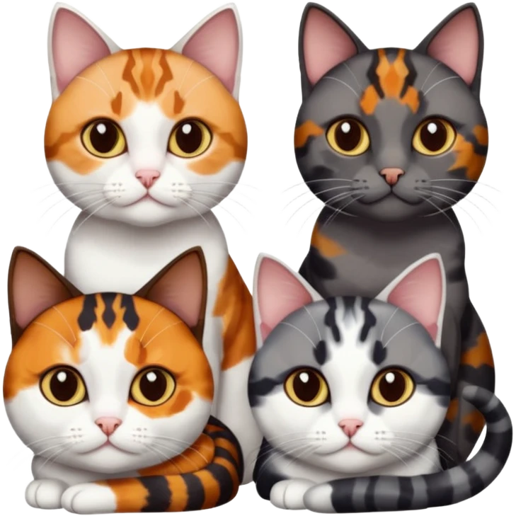 4 different coloured short haired cats including; a dark brown and white cat, and a dark grey and white  emoji