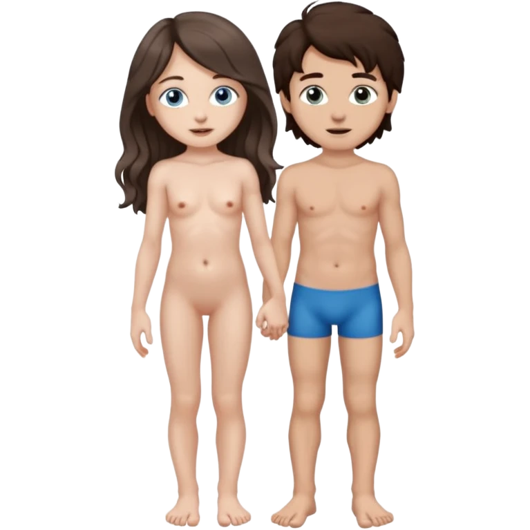 white girl, dark brown long slightly curly hair , skinni but with big breast , septum piercing on nose, beautiful dark gray-blue eyes, showing her foot toes, naked , skinny boy , white skin , light brown hair, brown eyes , sucking her toes, emoji