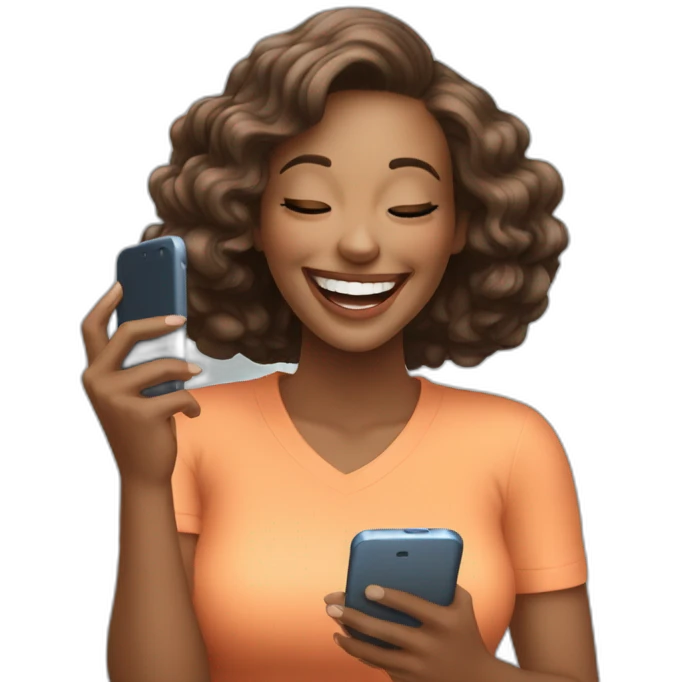 beautiful woman laughing while looking at her cell phone emoji