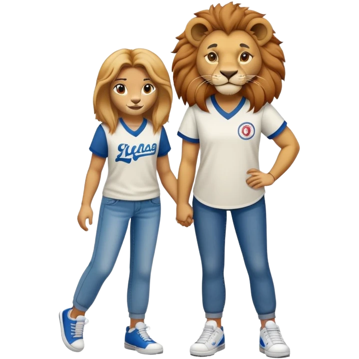 confident anthropomorphised female lion wearing a baseball shirt, jeans, and trainers, showing comfort and support to another character emoji