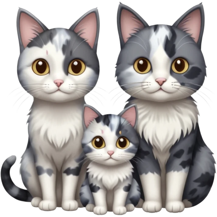 3 different coloured small cats including a dark grey and white, and a patchy calico and a solid grey with only white paws emoji