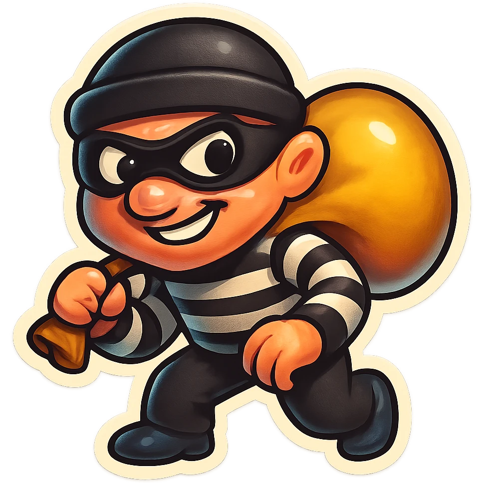 thief emoji in a striped black and white suit, holding a sack, mischievous look emoji