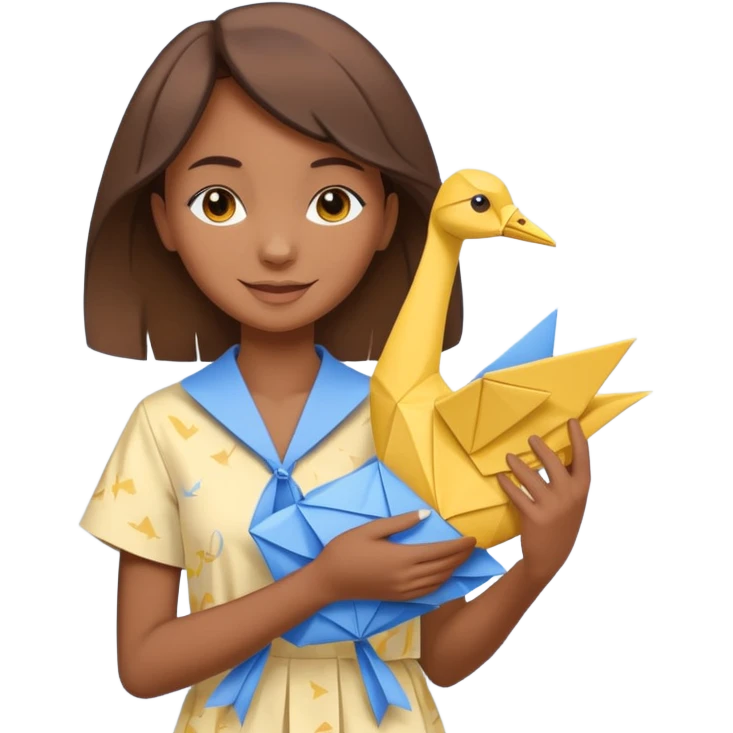 happy-african-young-girl-with-brown-hair-in-a-white-vintage-kanga-shirt-holds-an-origami-yellow-and-blue-crane emoji