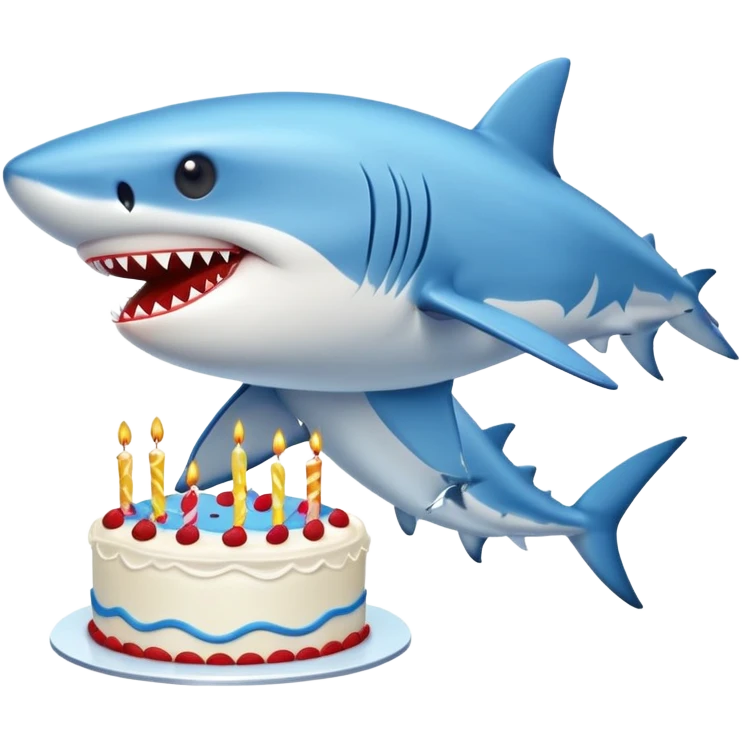 blue shark with puckered lips directly kissing a birthday cake, clear kissing action emoji