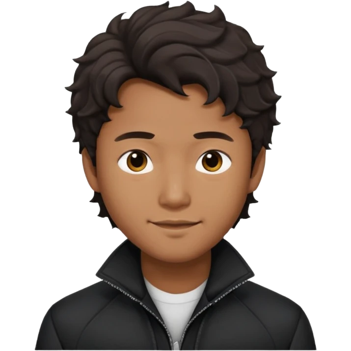 Asian guy wavy hair with black jacket demure with a smirk emoji