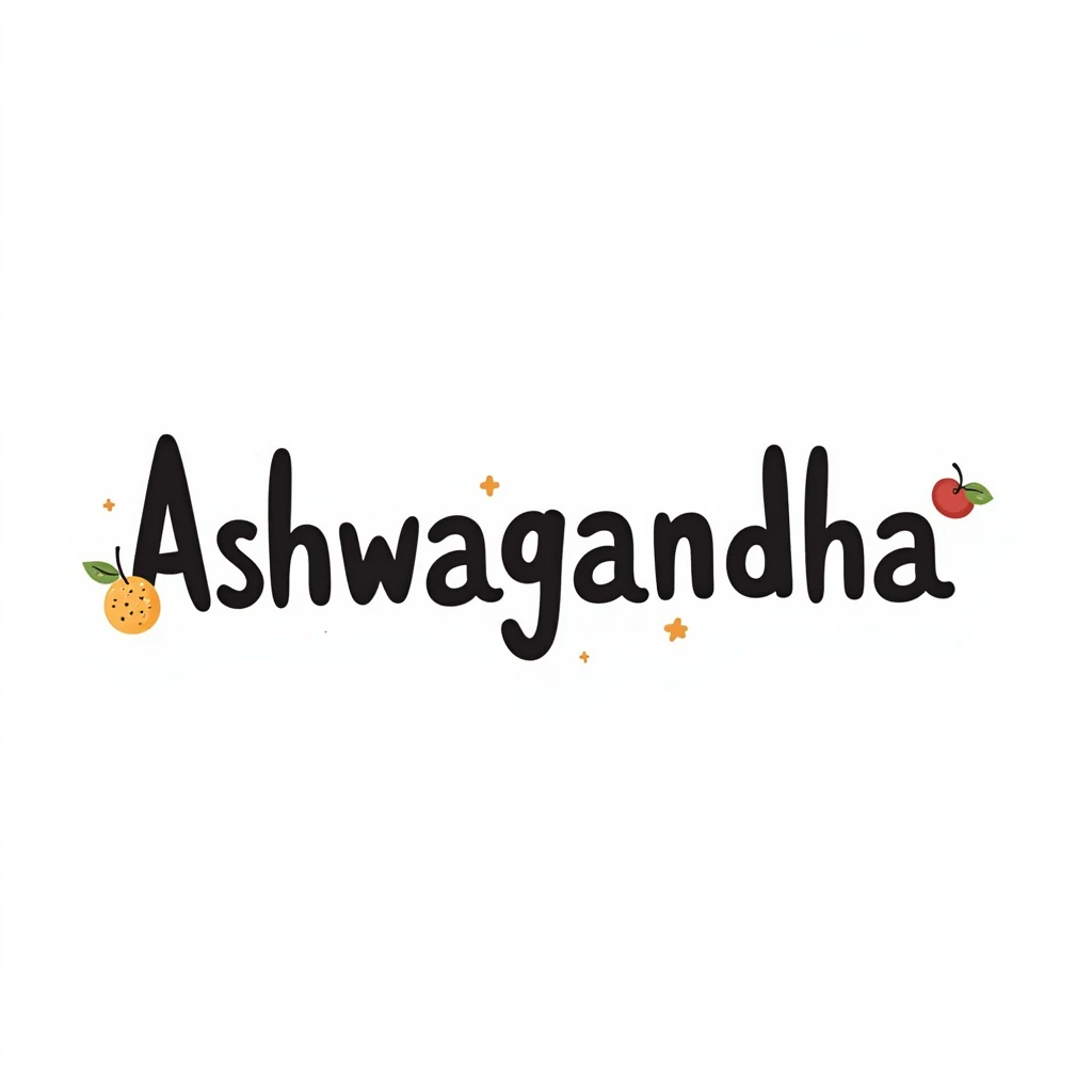 The word "Ashwagandha" hand-drawn in white text with a dark background and just a few colorful accents. Simple doodle style with minimal decoration. emoji