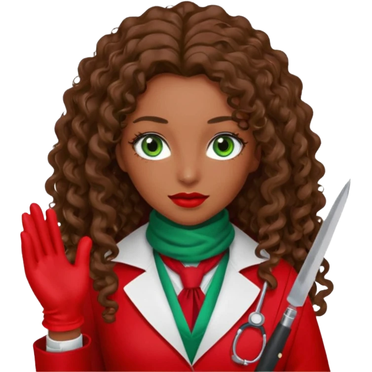 Lilith scalpel in hand, evil surgeon sexy surgeon clothes.  She has green  eyes. She brown long curly hair. Wears sexy doctor outfit with red gloves. Outfit is also red. hair is free and brown. Hides face by using a red scarf emoji