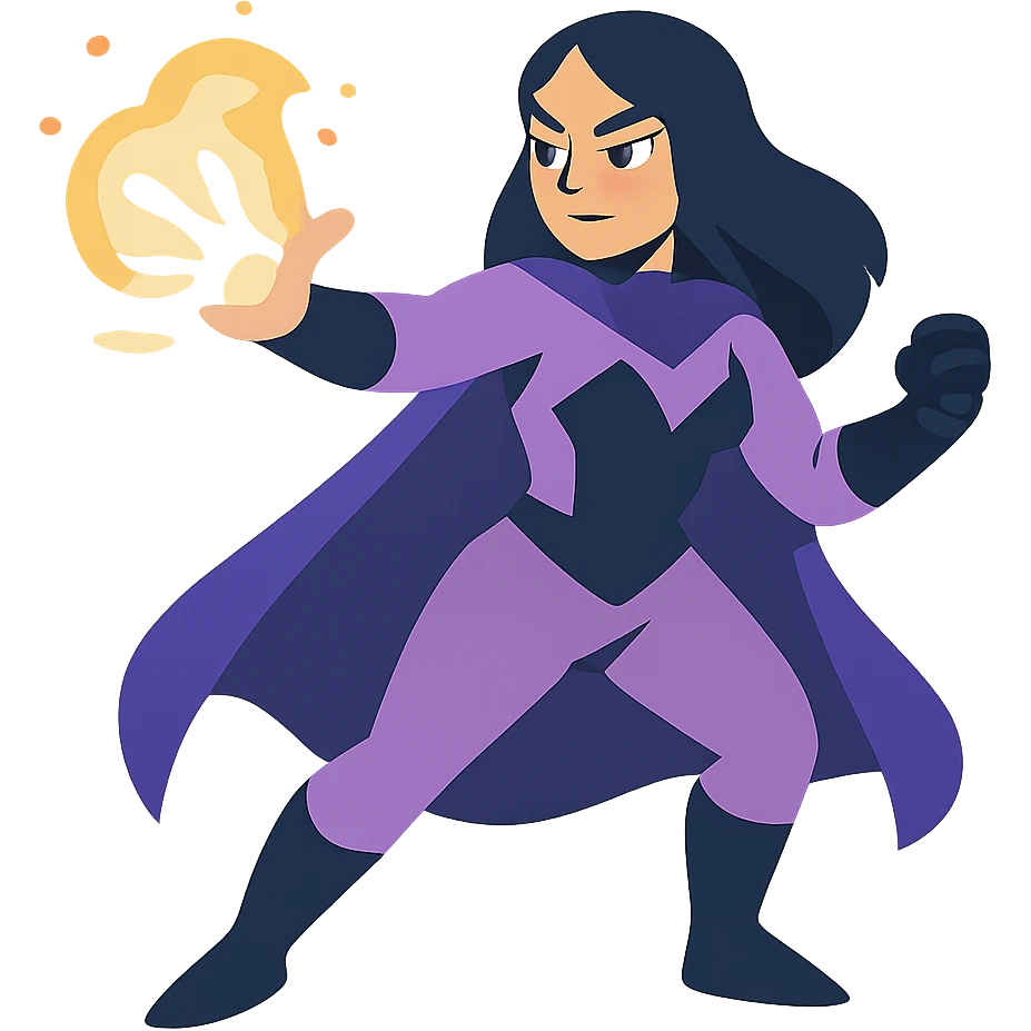 woman superhero in a soft purple and black suit, casting magic from her hand emoji