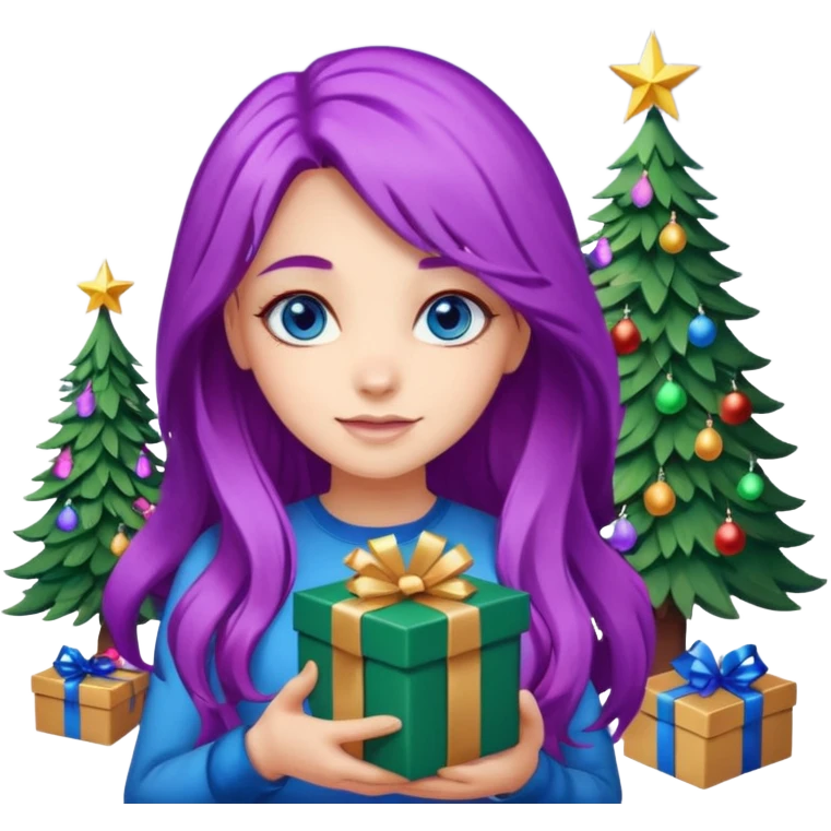Girl, purple hair, Christmas tree on background with lights. And gift box on hand. Long hair. Blue eyes emoji