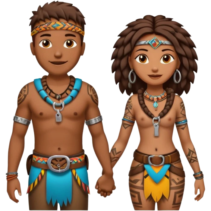 A happy tribal man holding hands with a happy tribal woman wearing a belt with a padlock emoji