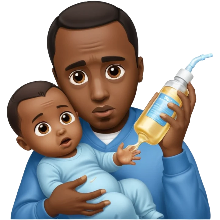 Sean “Diddy” Combs with baby oil and a very small infant and he’s pouring the baby oil on the baby and they have a scared face they’re really scared emoji