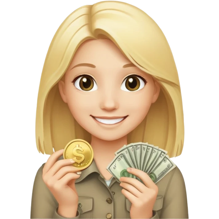smiling blonde girl with money coins emoji