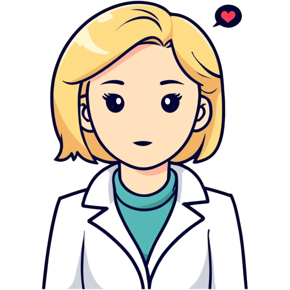 A blonde kinesiologist woman with a thinking face, wearing a white coat, considering therapy options emoji