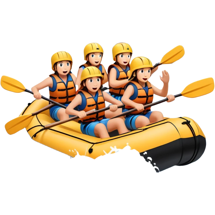 A group of adventurers paddling a raft through wild, fast-moving river rapids. The scene includes splashing water, rugged rocks, and intense action, emphasizing the excitement and teamwork of rafting in challenging conditions. emoji