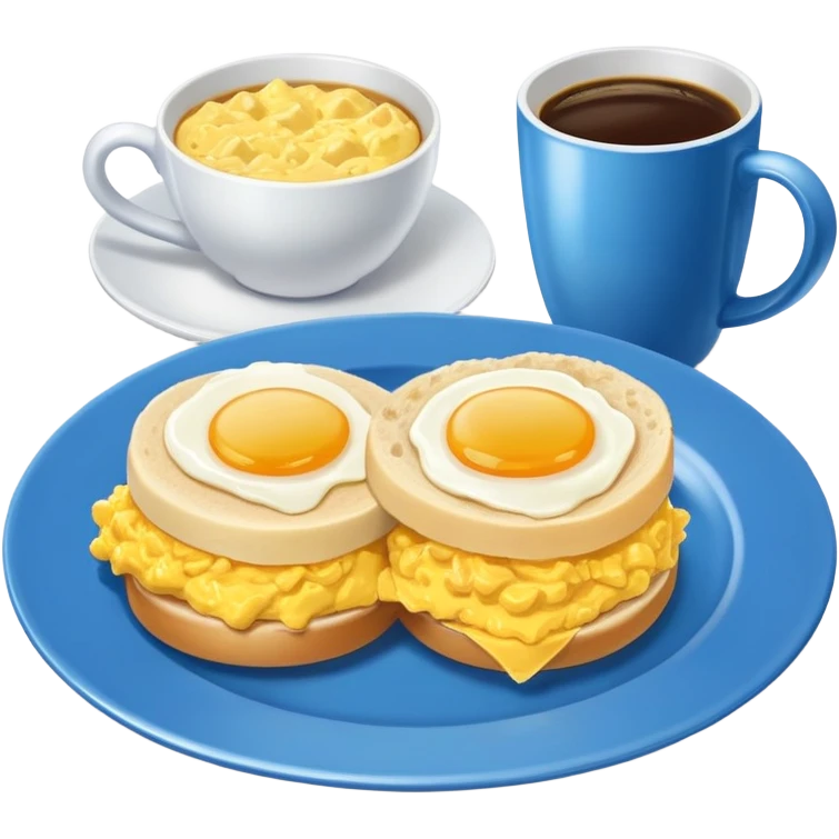 a blue plate with breakfast sandwiches and scrambled eggs and a cup of white coffee emoji
