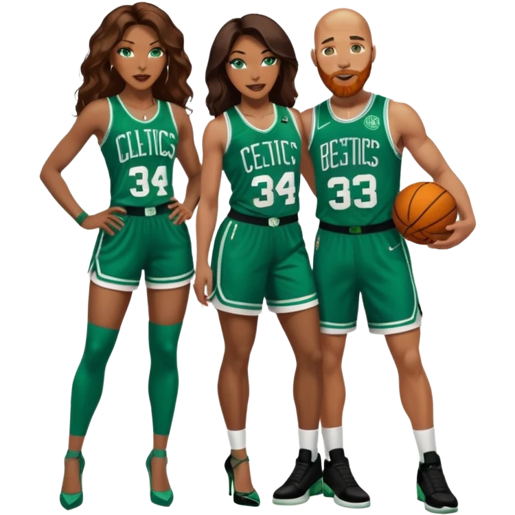 A 48-year-old black woman with brown eyes, long dark brown balayage hair dressed in sexy 
celtics jersey costume outfit and stilettos with bald white man with ginger beard, and blue eyes, and a Jason Tatum Boston Celtics Jersey  emoji