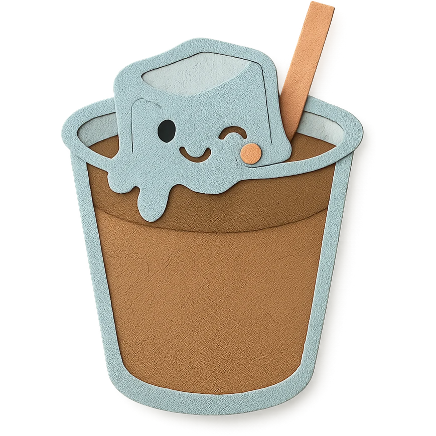 melting ice cube character in coffee drink, winking, kawaii pastel hand-drawn style emoji