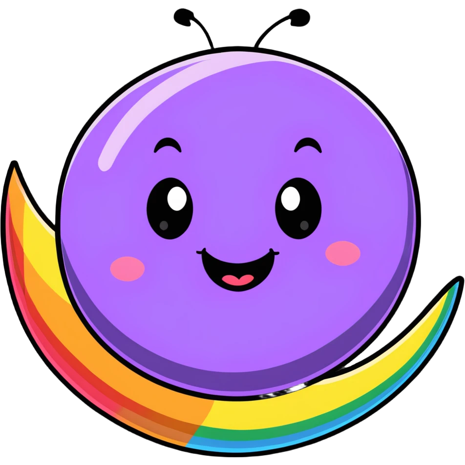 planet with rainbow polka dots all over its surface and a big grinning face emoji