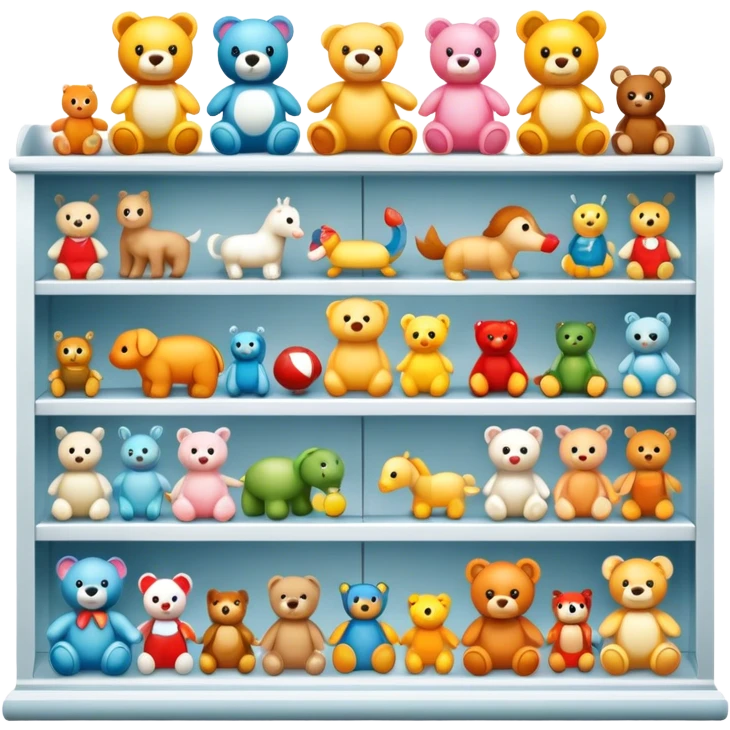 Icon for Toy Collecting: a collection of various vintage toys such as dolls, action figures, and plush animals, displayed neatly on shelves or in display cases. The icon should evoke the joy and nostalgia of collecting toys. Transparent background. emoji