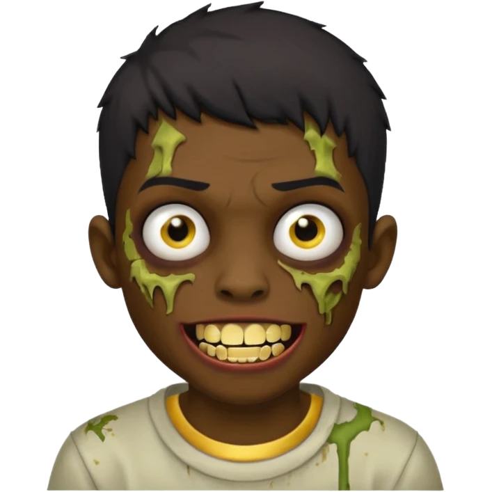 Make a boy zombie dark skin and short black 4c hair, showing a golden grilz teeth emoji