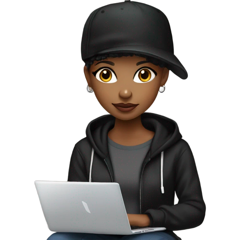 pretty african american girl with black baseball hat and black sweatshirt hoodie pixie cut with laptop emoji