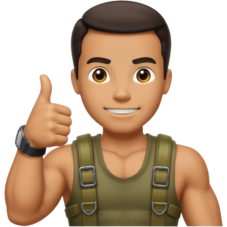 Create me emojis for commando, with Helmet and theme from that move, including arnold. For example commando thumbs up emoji