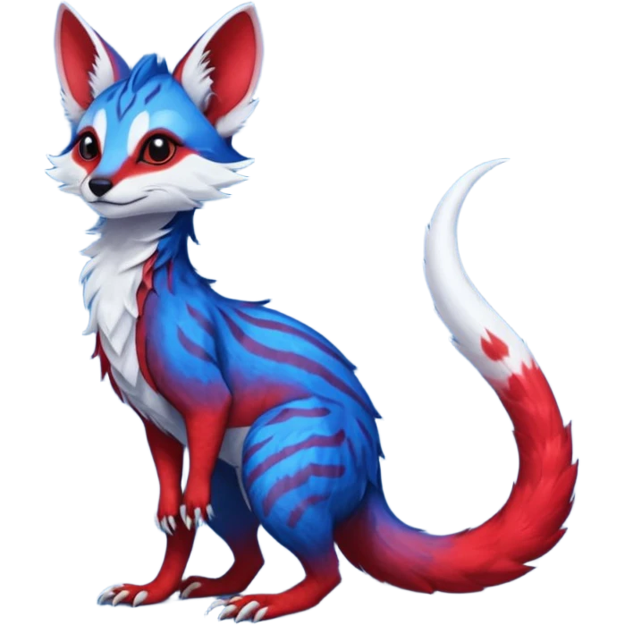 Feral Rare Fantasy vibrant cobalt-blue-crimson-red-gradients-colored colorful Vernid-Sergal-Genet-Trico-species by LiLaiRa, random markings, tufted tail, tufted ears, full body emoji