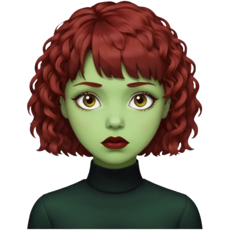 quero que você cria uma mulher, o rosto dela. nela, ela tem cabelo curto e ondulado, tem franja e ela tem semblante triste(cabelo cor meio preto avermelhado) deixe mais cacheado, faça ela bem alternativa (estilo) deixe ela com cor de pele verde emoji