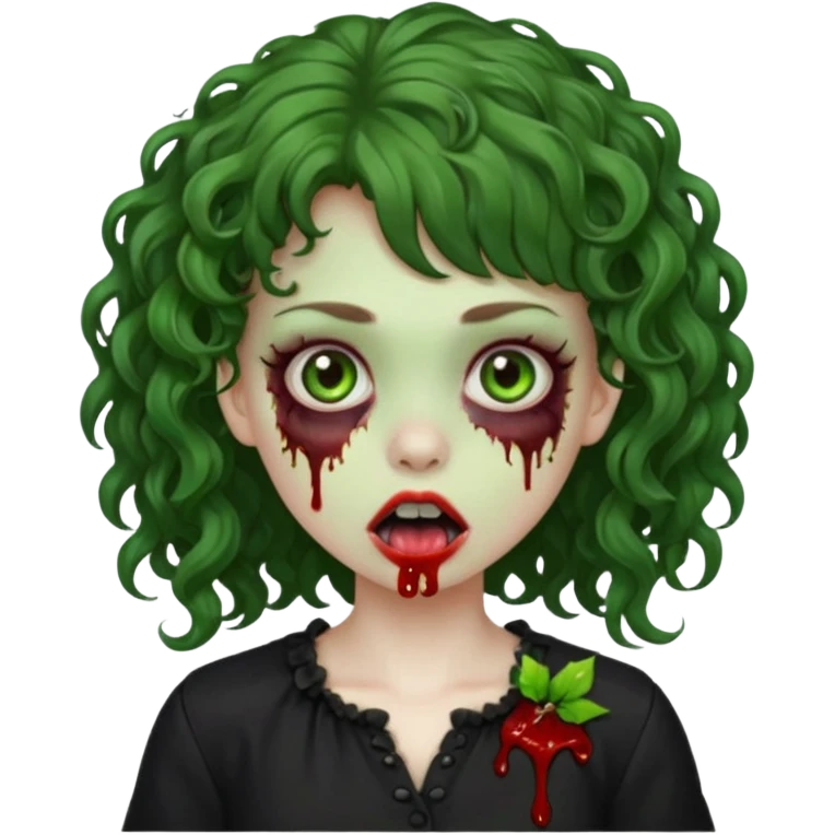 Green zombie emoji girl with curly Brown hair, with curly bangs, wearing a black bluse, blood Just in the tongue  emoji