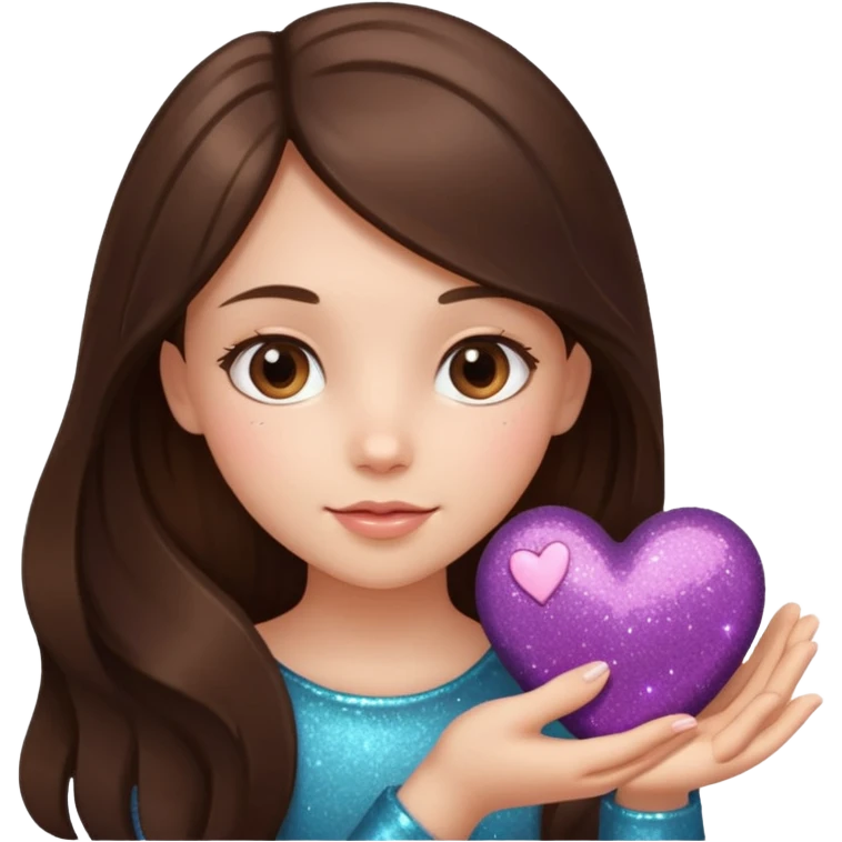 girl with long hair brunette holds soft brown heart with glitter in hand emoji