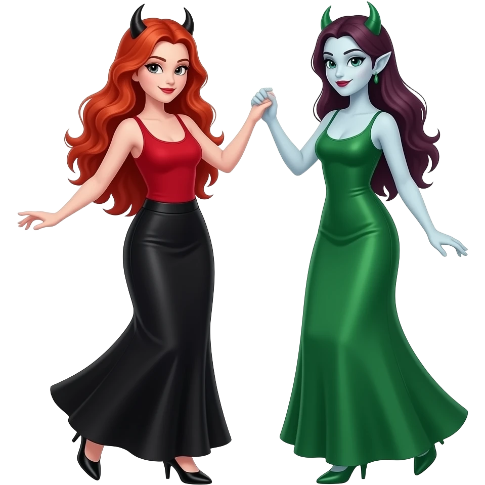 Vampiro femmina adolescente con capelli lunghi rosso fuoco ondulati con pelle bianca con gonna lunga nera e top canottiera rossa che balla con la sua amica VAMPIRA femmina che indossa un vestito lungo verde con pelle bianca emoji