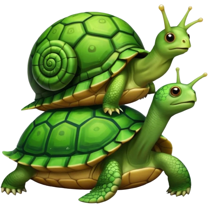 A snail is perched on the back of a turtle. emoji