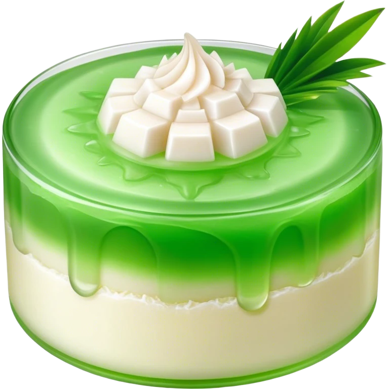 Cinematic Realistic Coconut Pandan Jelly Dessert Emoji, showcasing a delicate, translucent jelly infused with coconut and pandan rendered with lifelike detail and soft, tropical lighting. emoji