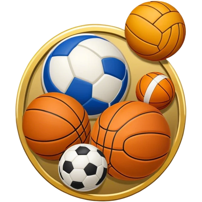 An achievement badge with a volleyball, basketball, and football inside it, gold background emoji