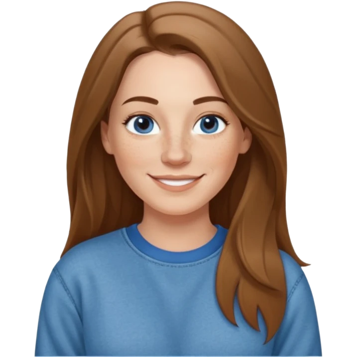 A 38 year old white woman with long brunette hair parted in the middle. She has a nose ring. She has freckles and is wearing a sweatshirt and jeans smiling emoji