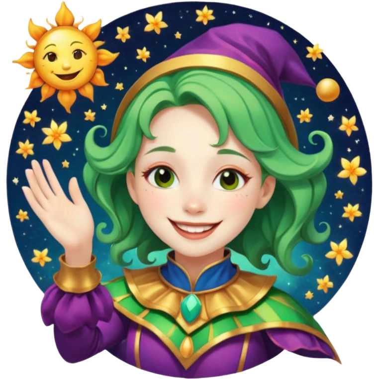 genra imagen de una chica eterea( casi irreal )con cara de sol, sonriendote, bufon, flotando en el espacio emoji