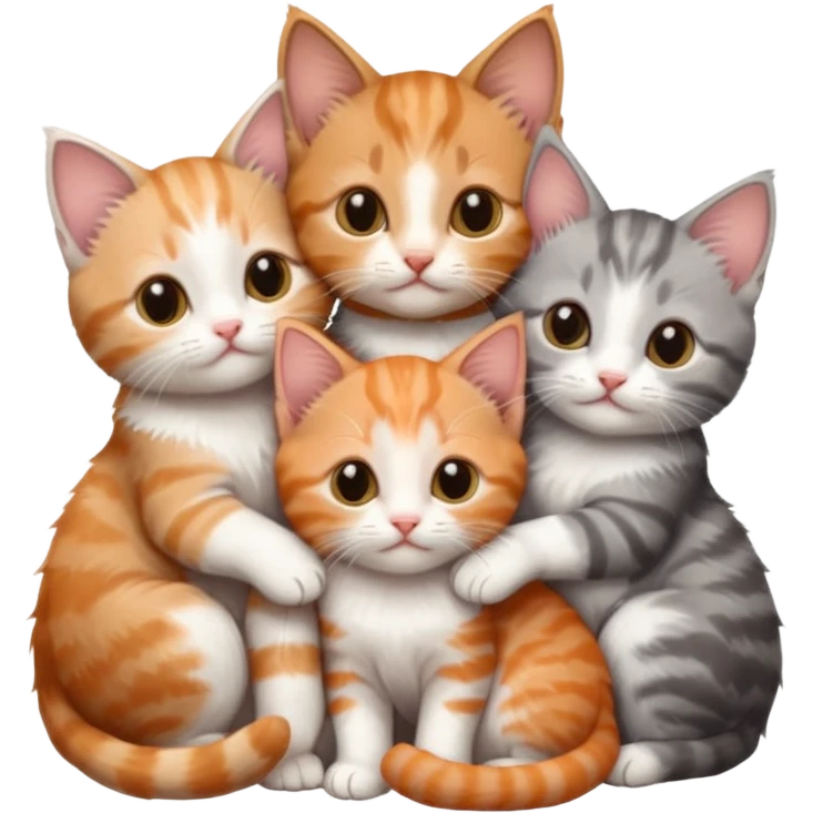 3 tiny kittens cuddling together all different colours, the first one is grey and white, the second is ginger and white and the third is brown tabby and white emoji