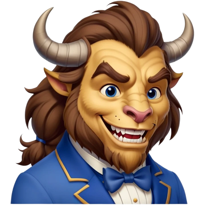 Beast from Beauty and the Beast with human mouth smiling, gentler expression, blue formal outfit emoji