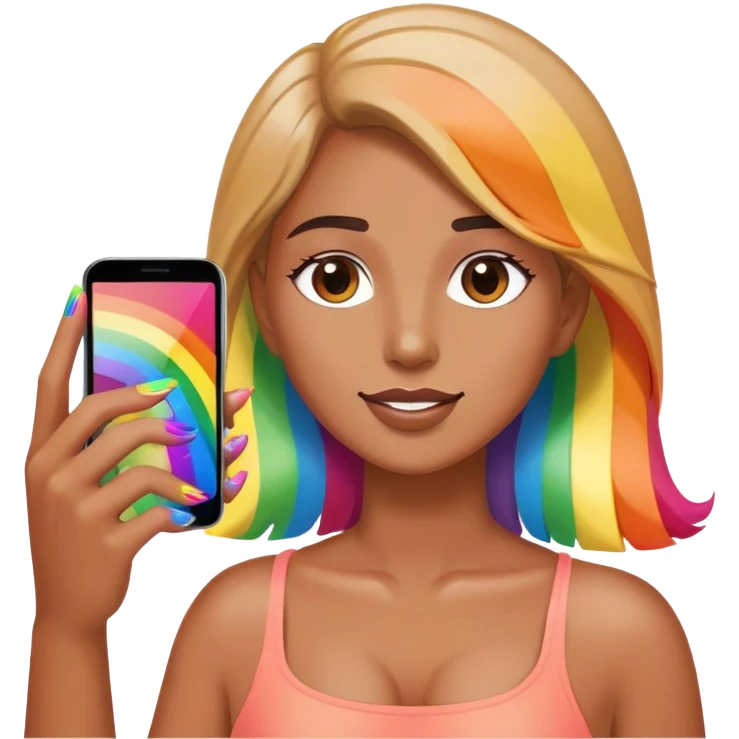 A person holding a phone with rainbow nails emoji
