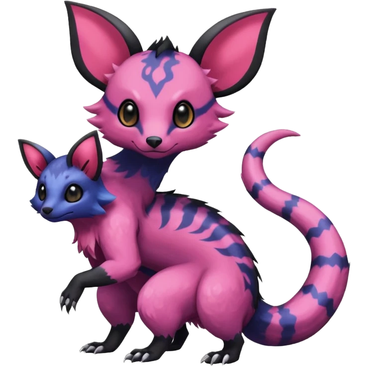 Rare epic aesthetic colorful Salandit-Noibat-Eevee-Civet-species-Fakemon-hybrid-creature, with markings, full body emoji