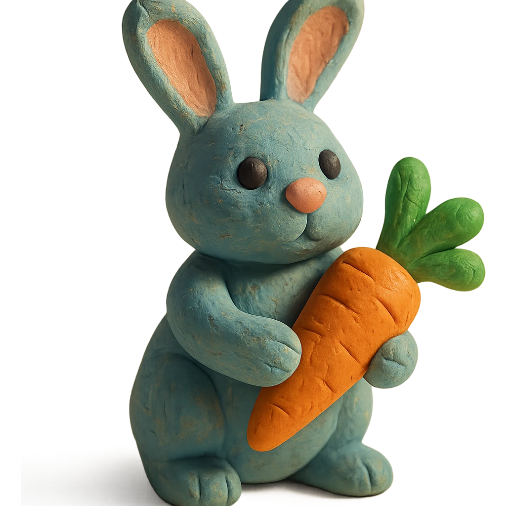 rabbit holding a carrot, soft lighting, textured look, vibrant colors, claymation style emoji