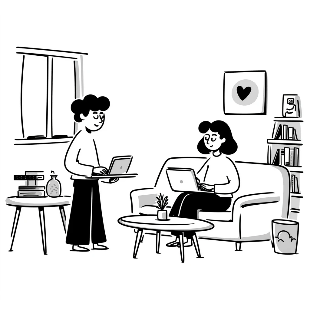 escenary 3d of a cozy mid-century living room with two people working on laptops, one man standing at a desk and one woman sitting on a couch, two walls and floor visible emoji